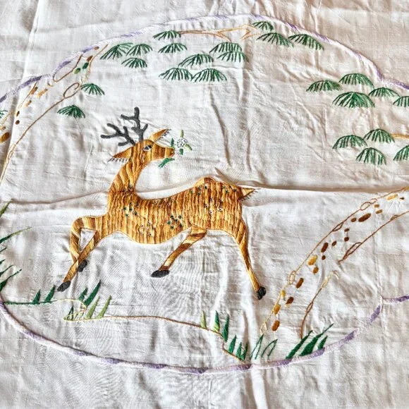 Hand Embroidered Deer & Crochet Silk Bedcover Bedspread 58 x 81
